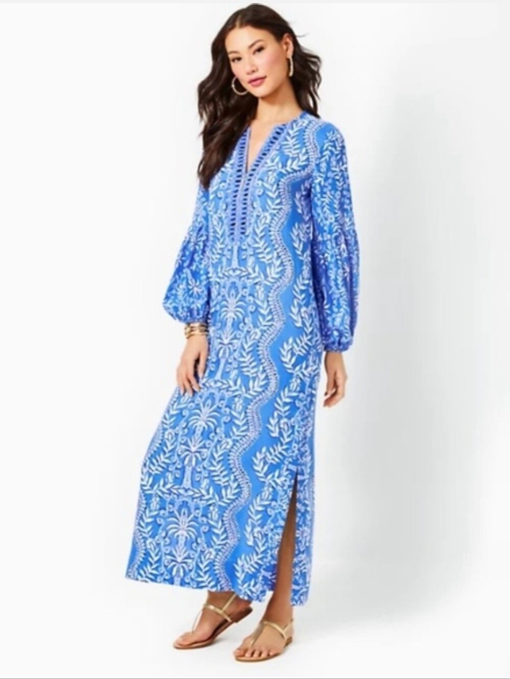 NWT Laurelie Long Sleeve Maxi Caftan Sz 4- Abaco Blue Engineered